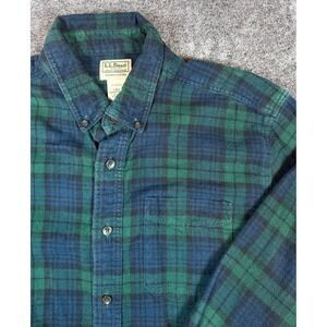 LL Bean Mens Flannel Shirt Large Slightly Fitted Black Watch Plaid Green Blue